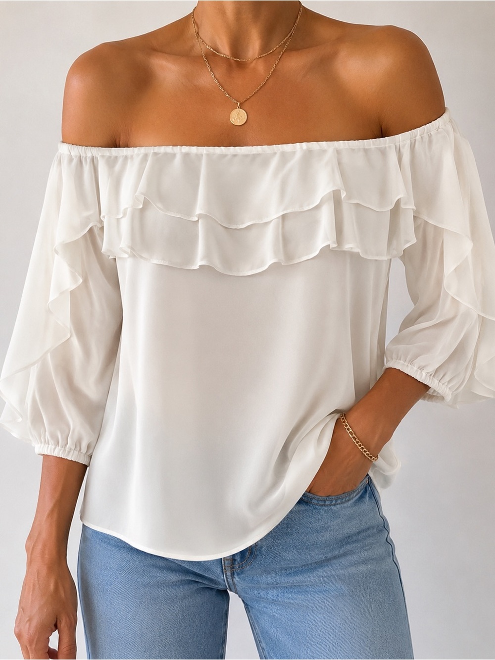 INC International Concepts Cream Off-Shoulder Ruffle Blouse